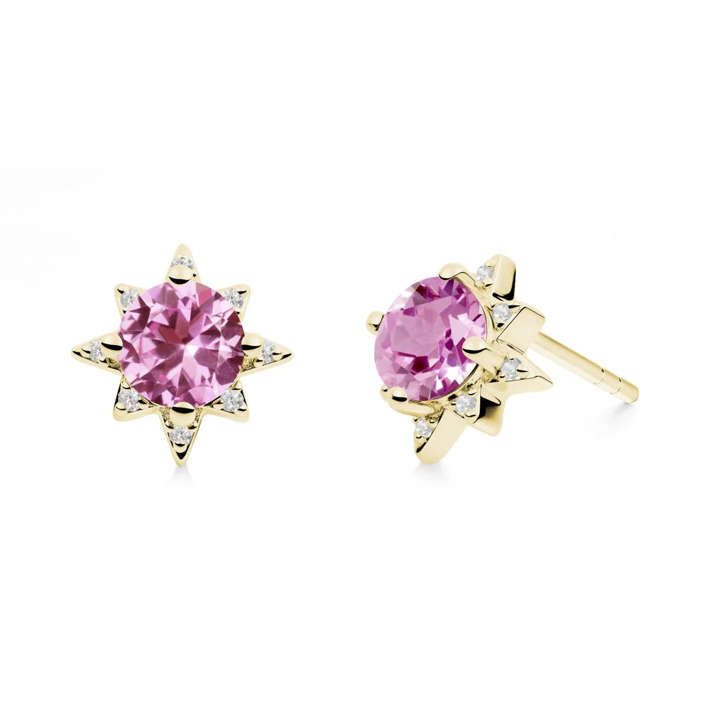 Round Pink Sapphire Sunburst Stud Earrings - Image 2