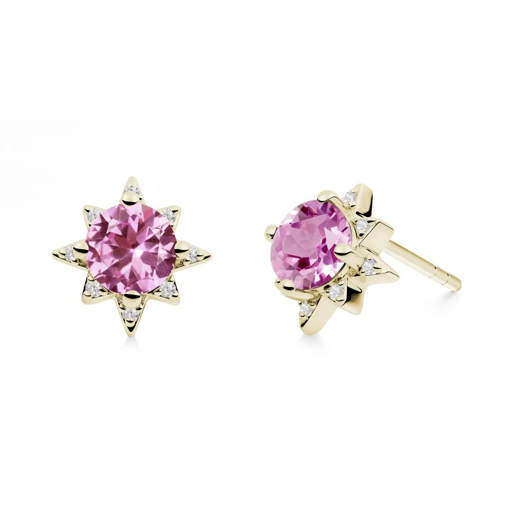 Round Pink Sapphire Sunburst Stud Earrings - Image 5