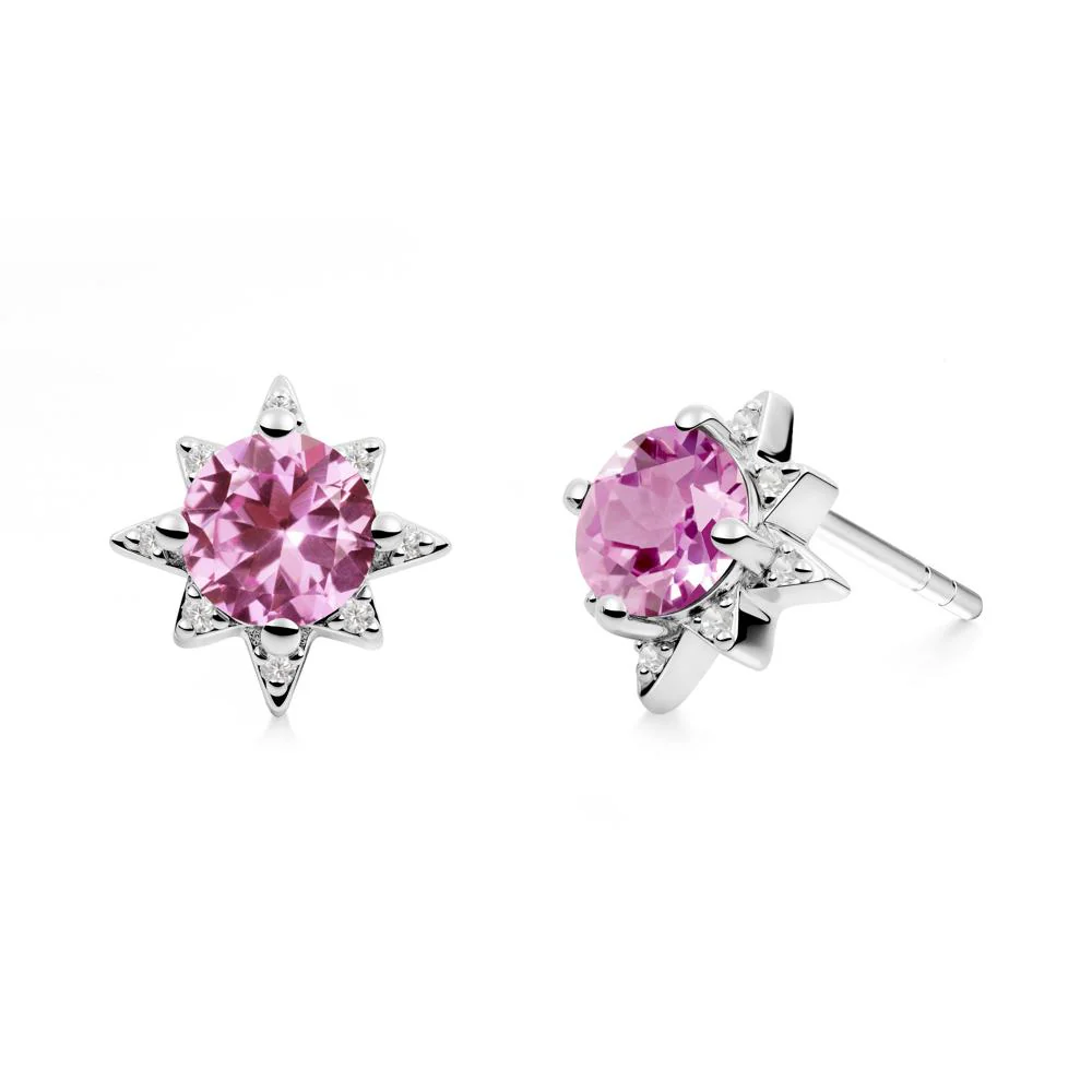 Round Pink Sapphire Sunburst Stud Earrings - Image 7