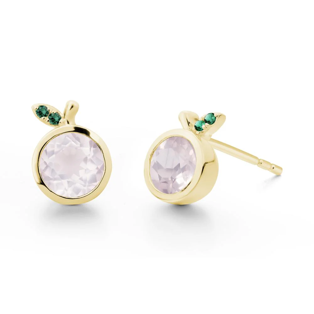 Round Rose Quartz and Emerald Leaf Stud Earrings - Image 6