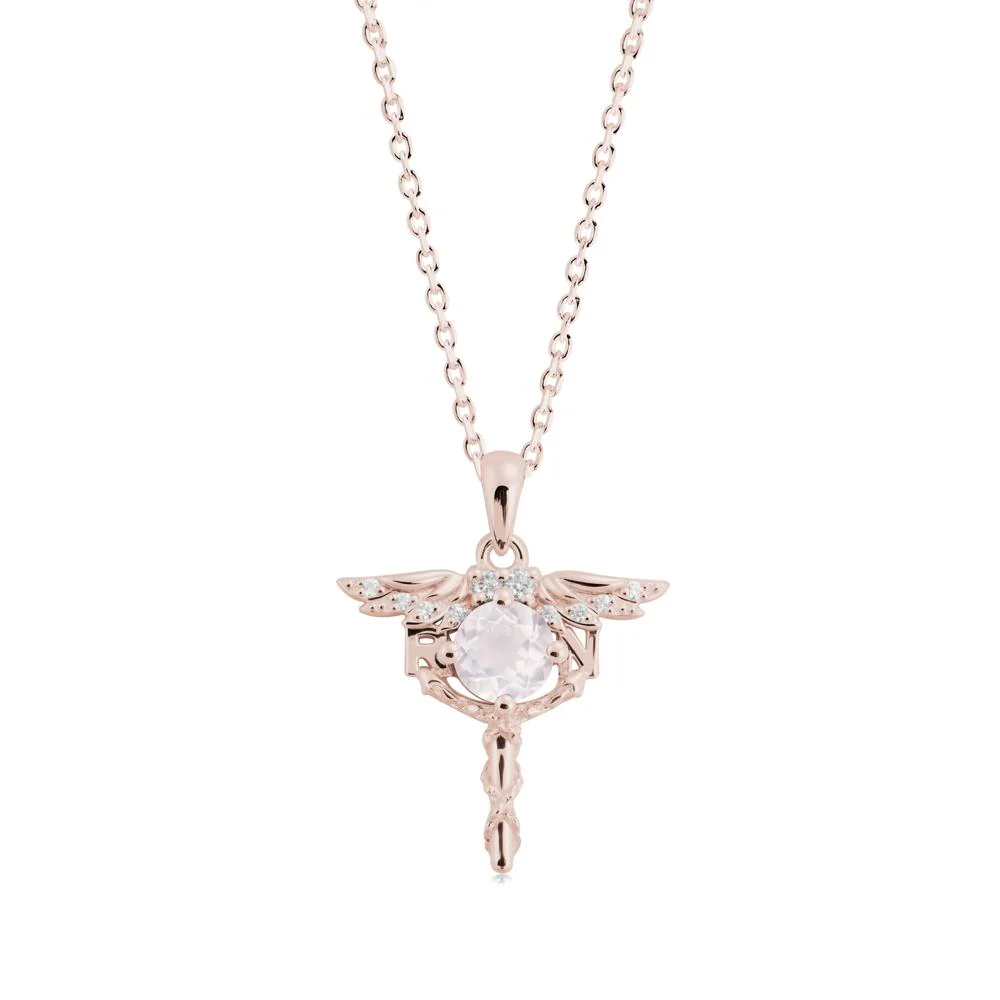 Round Rose Quartz Caduceus Necklace