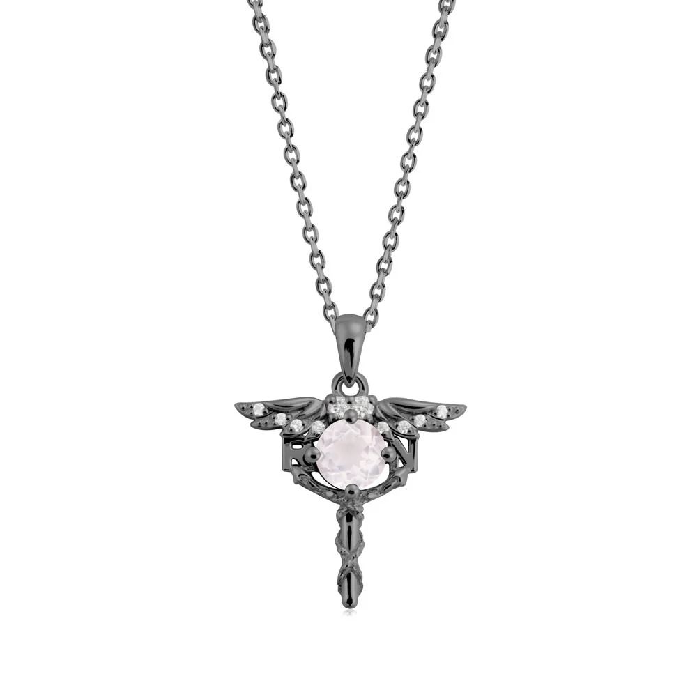 Round Rose Quartz Caduceus Necklace - Image 4