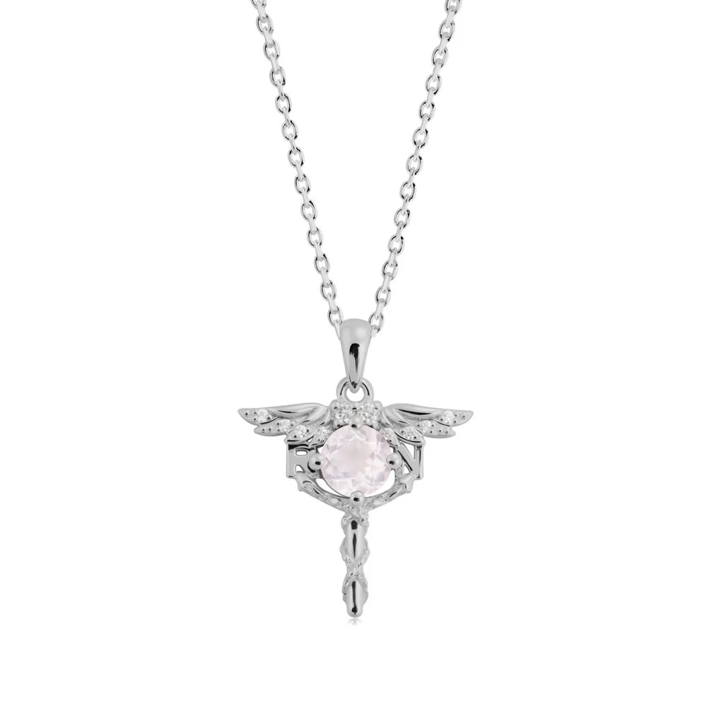 Round Rose Quartz Caduceus Necklace - Image 5