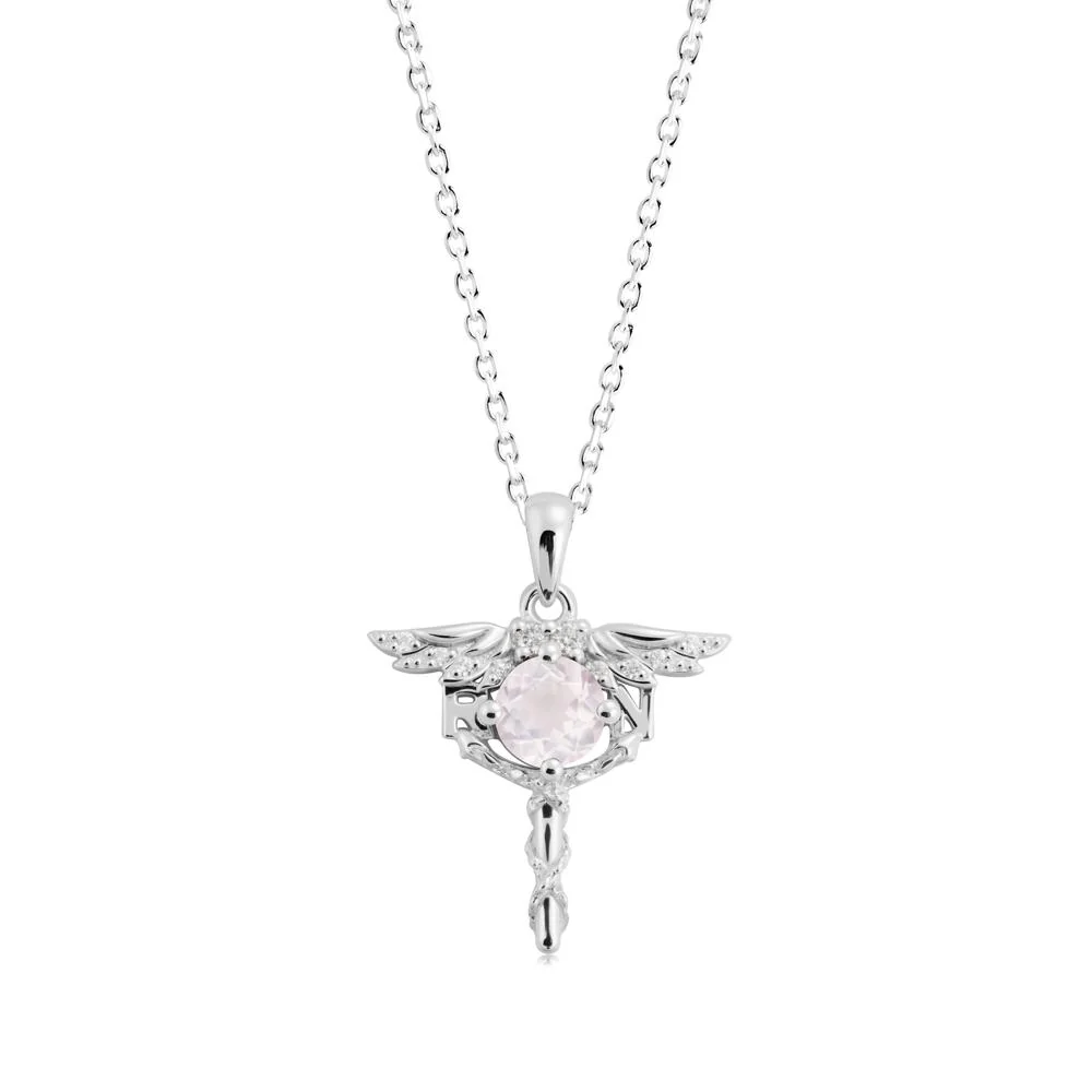 Round Rose Quartz Caduceus Necklace - Image 6