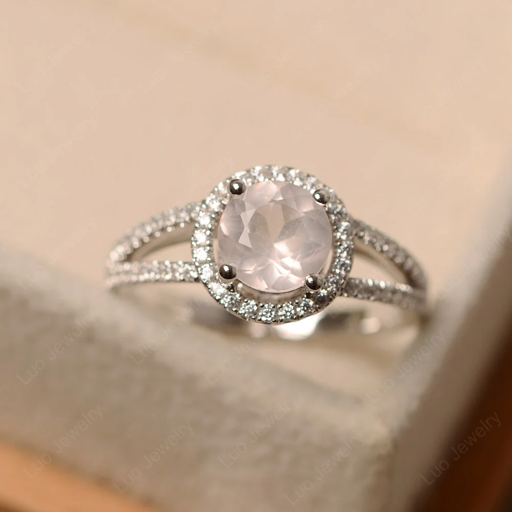 Round Rose Quartz Halo Split Shank Ring