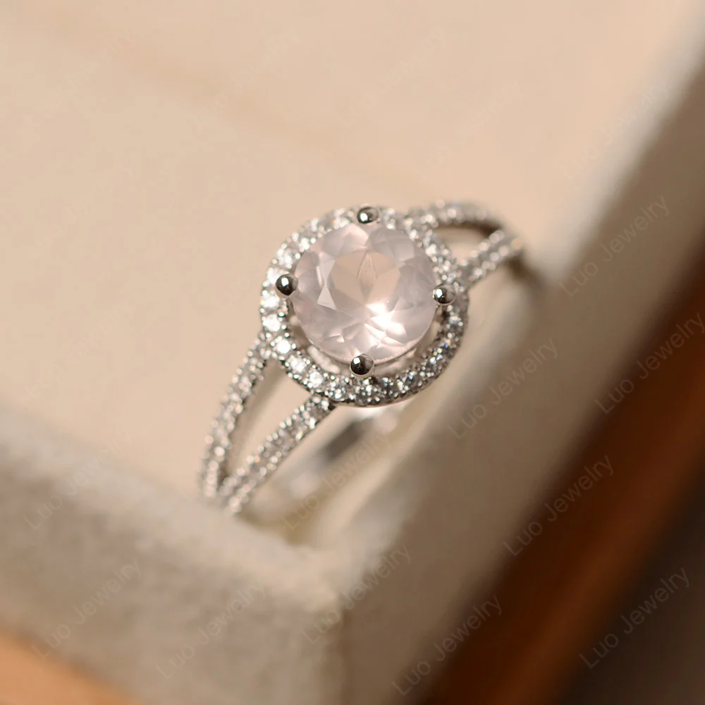 Round Rose Quartz Halo Split Shank Ring - Image 2