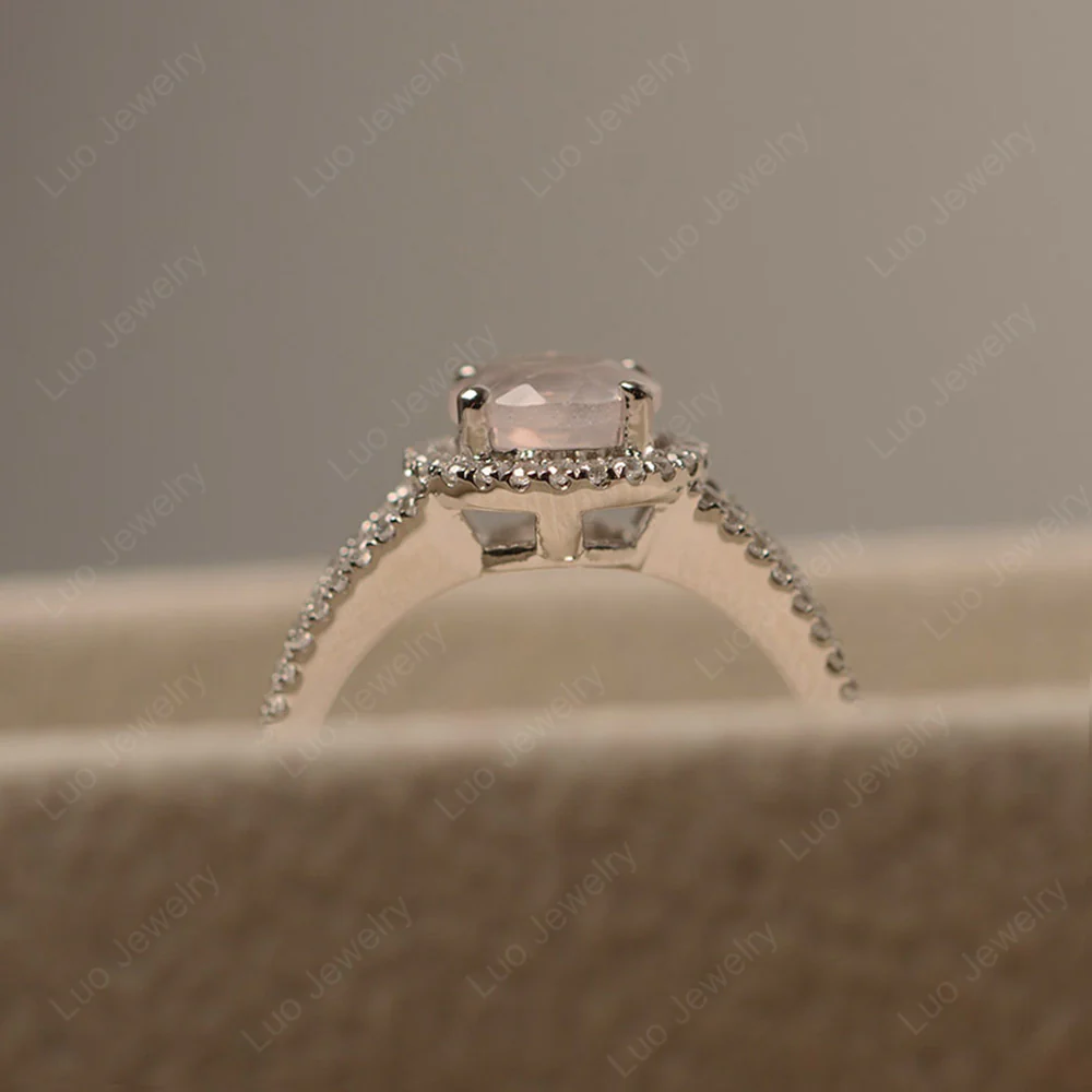 Round Rose Quartz Halo Split Shank Ring - Image 4