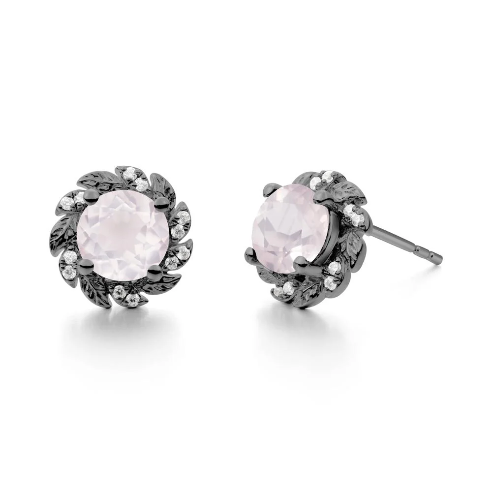 Round Rose Quartz Leaf Halo Stud Earrings - Image 3