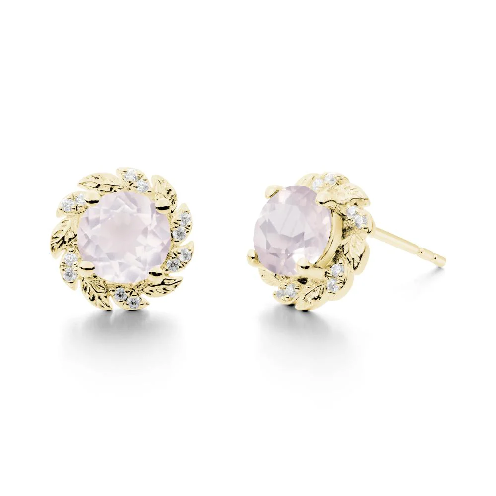 Round Rose Quartz Leaf Halo Stud Earrings - Image 6