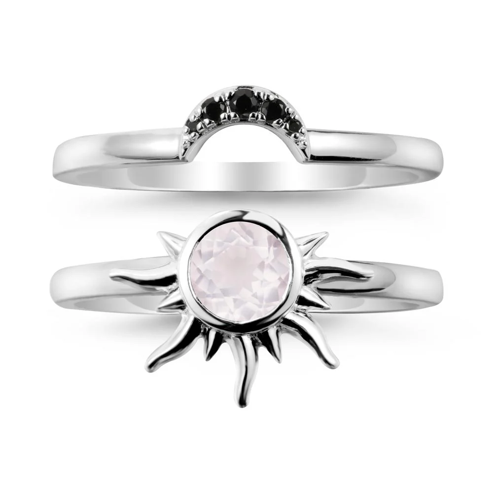 Round Rose Quartz Sunburst Ring Set - Image 9