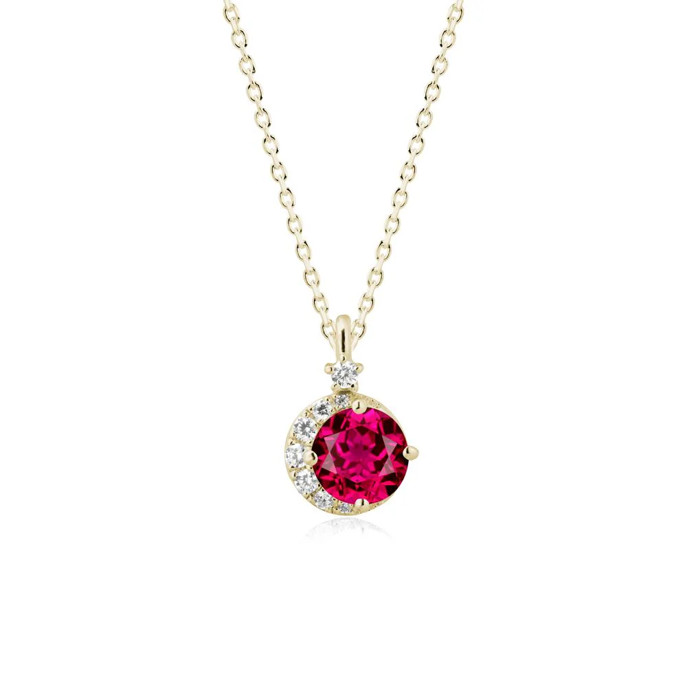 Round Ruby Crescent Pendant Necklace