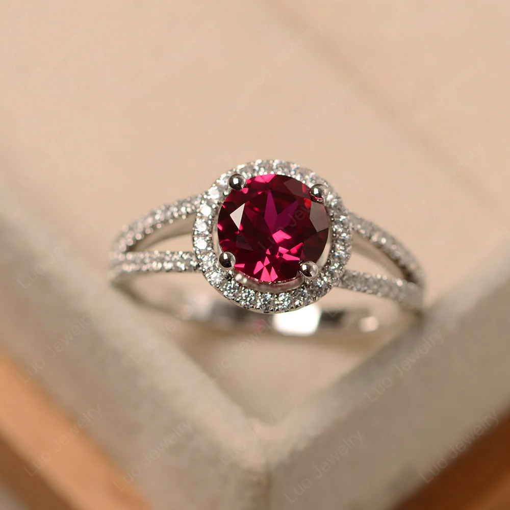 Round Ruby Halo Split Shank Ring