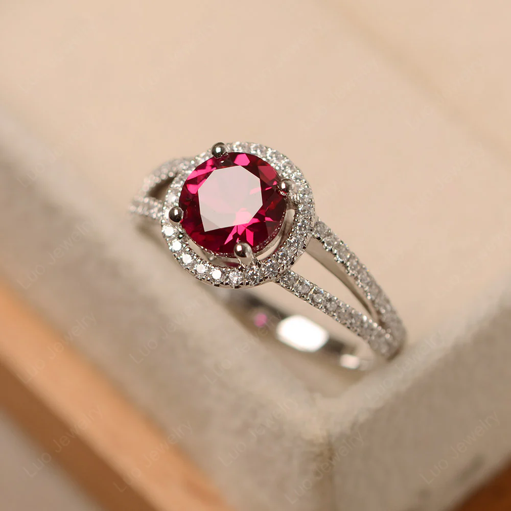 Round Ruby Halo Split Shank Ring - Image 2