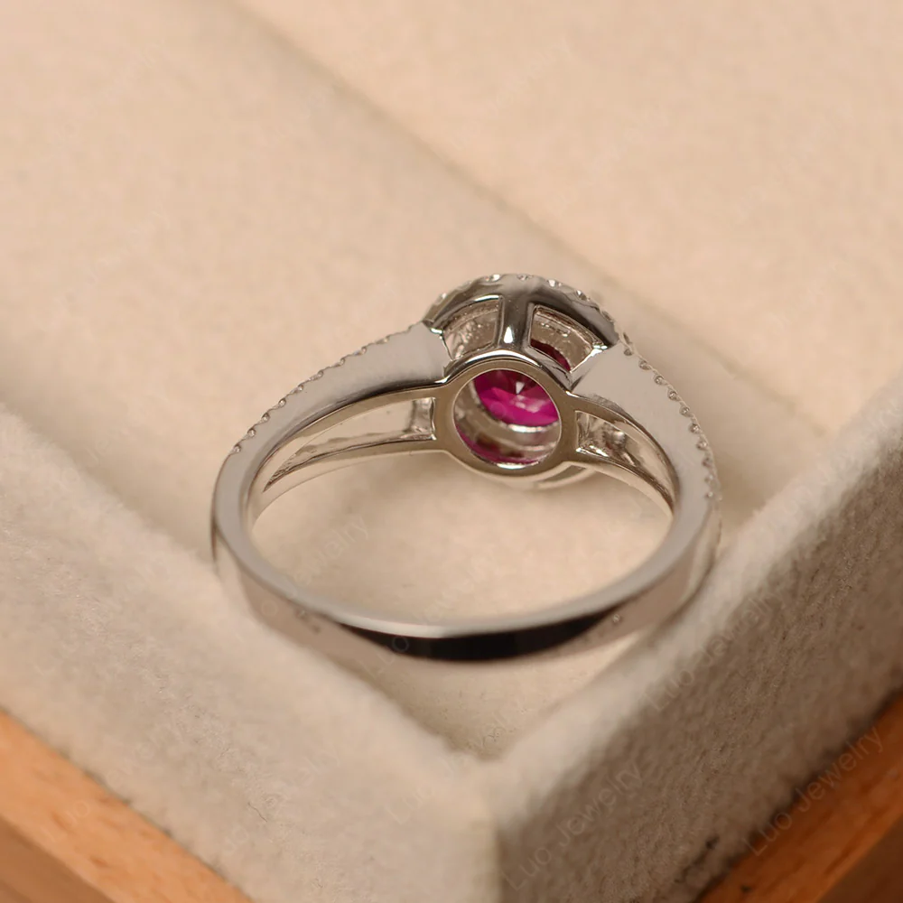 Round Ruby Halo Split Shank Ring - Image 3