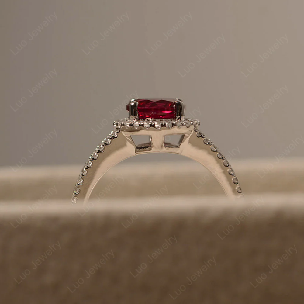 Round Ruby Halo Split Shank Ring - Image 4