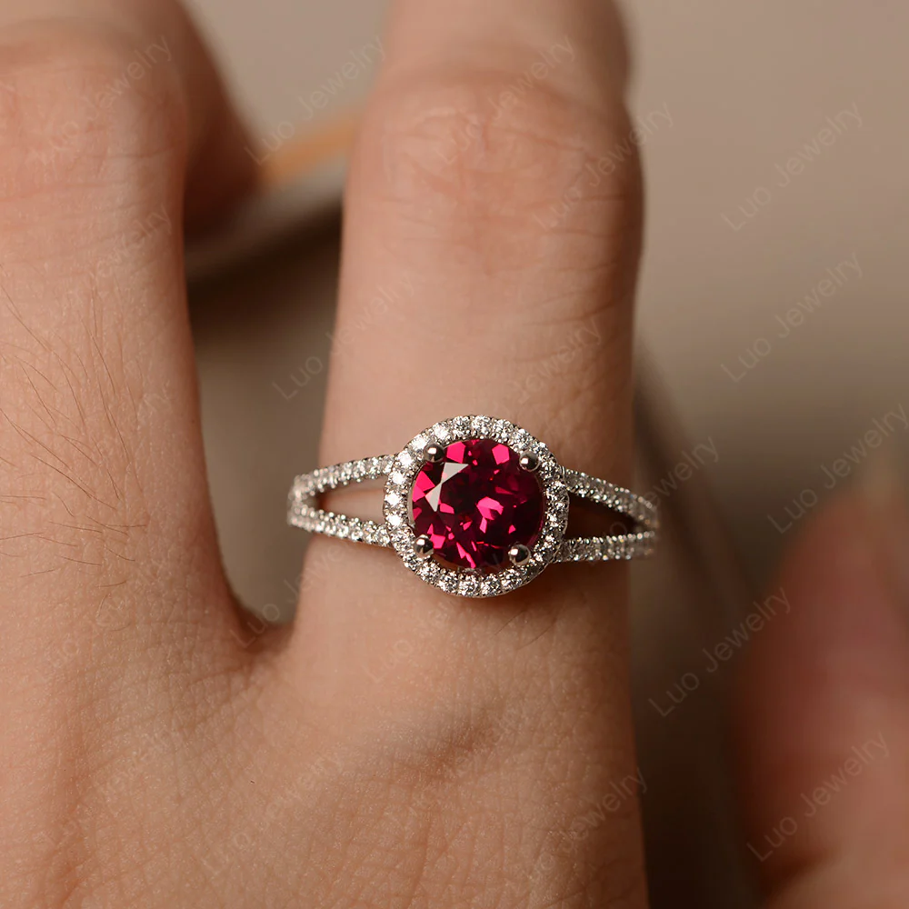Round Ruby Halo Split Shank Ring - Image 5