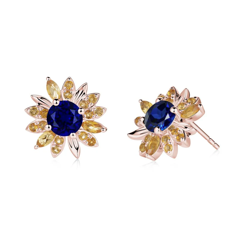 Round Sapphire and Citrine Sunflower Stud Earrings - Image 2
