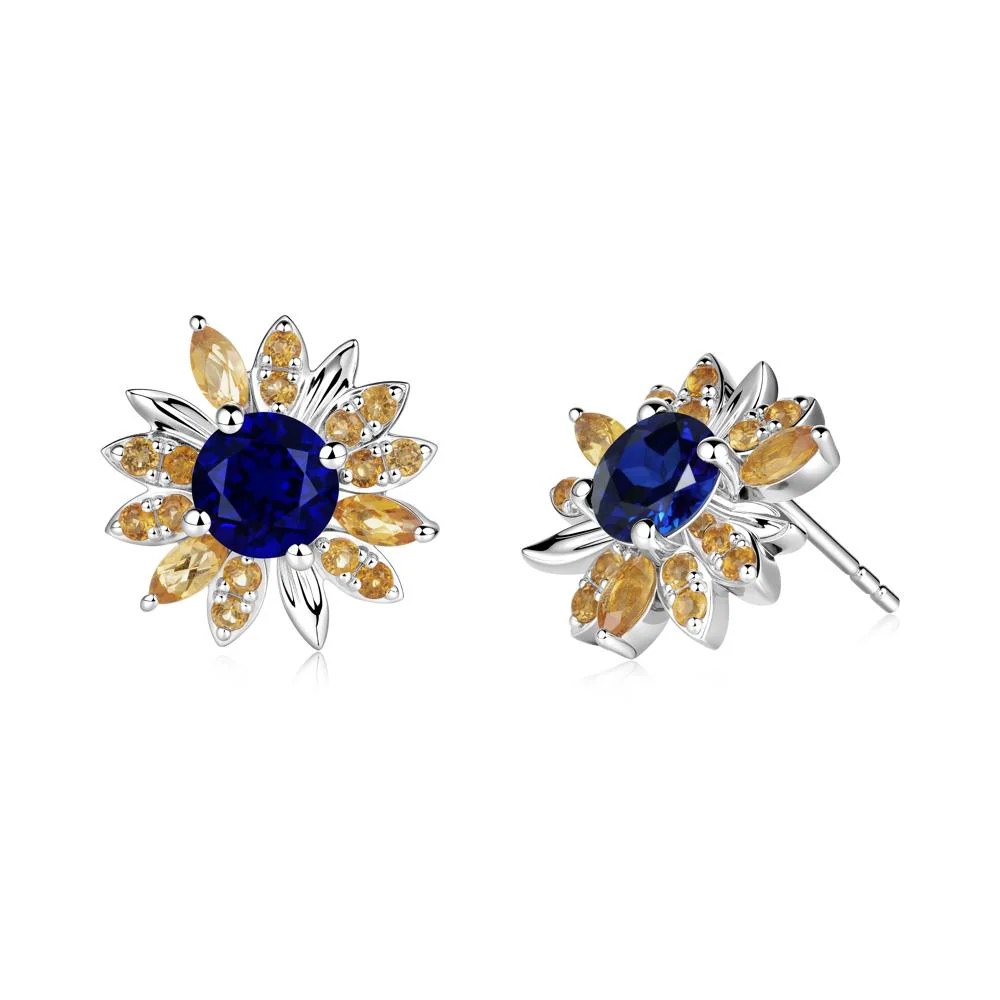 Round Sapphire and Citrine Sunflower Stud Earrings - Image 3