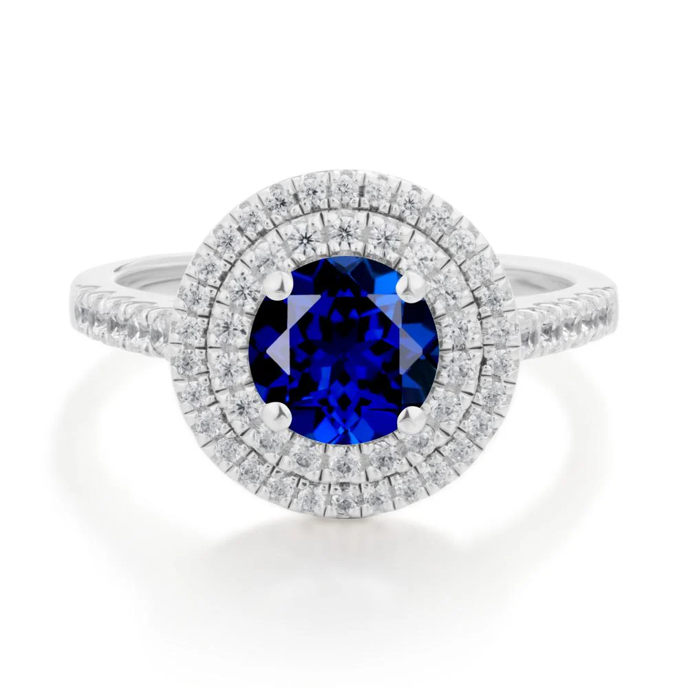 Round Sapphire Double Halo Engagement Ring - Image 2