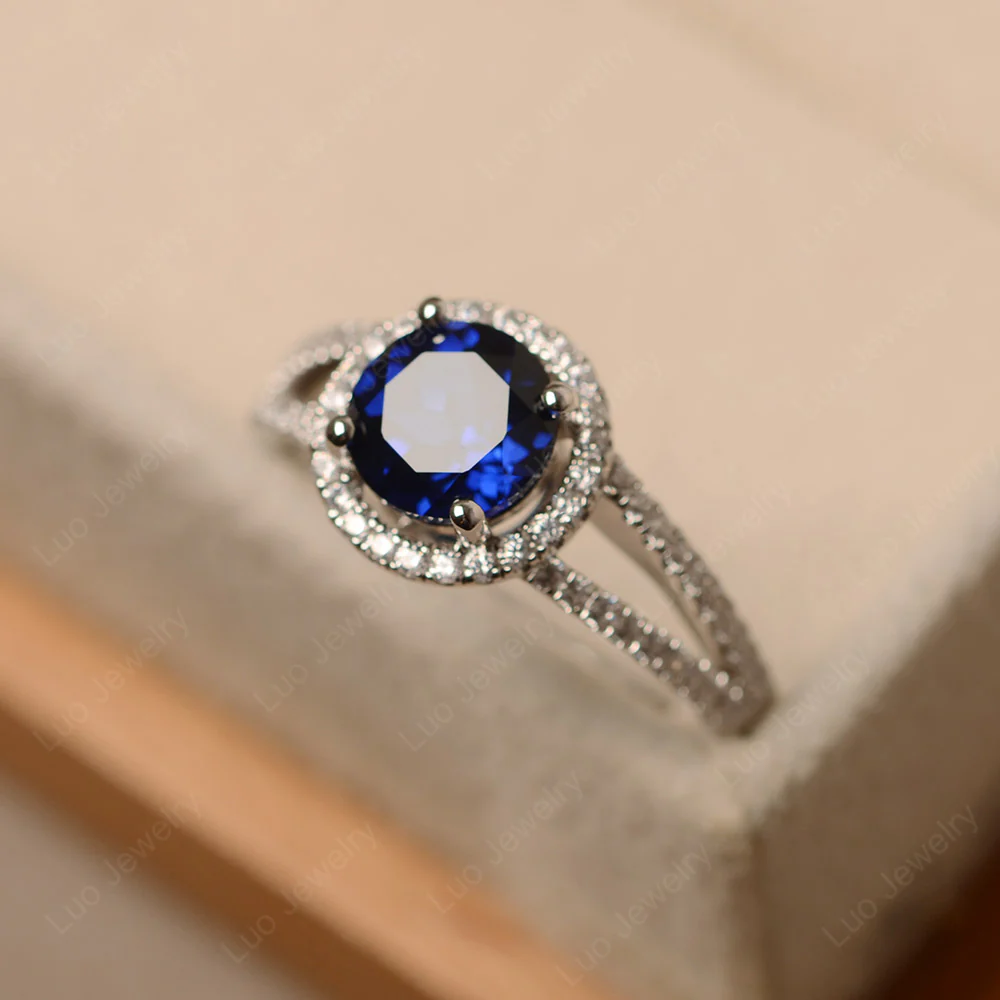 Round Sapphire Halo Split Shank Ring - Image 2