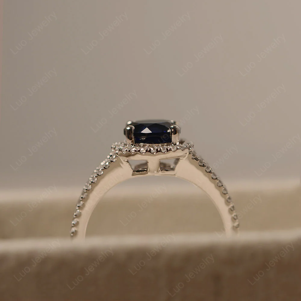 Round Sapphire Halo Split Shank Ring - Image 4
