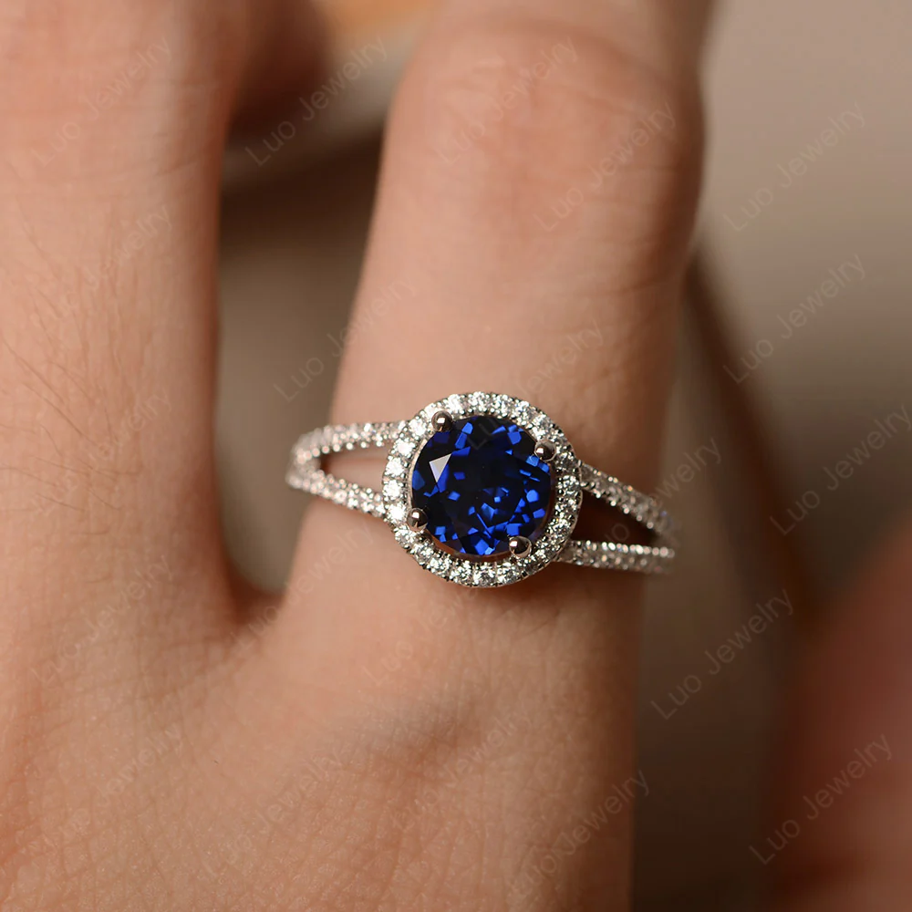 Round Sapphire Halo Split Shank Ring - Image 5
