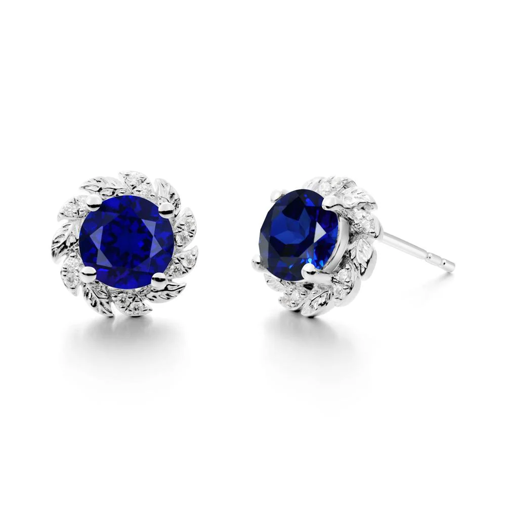 Round Sapphire Leaf Halo Stud Earrings - Image 3