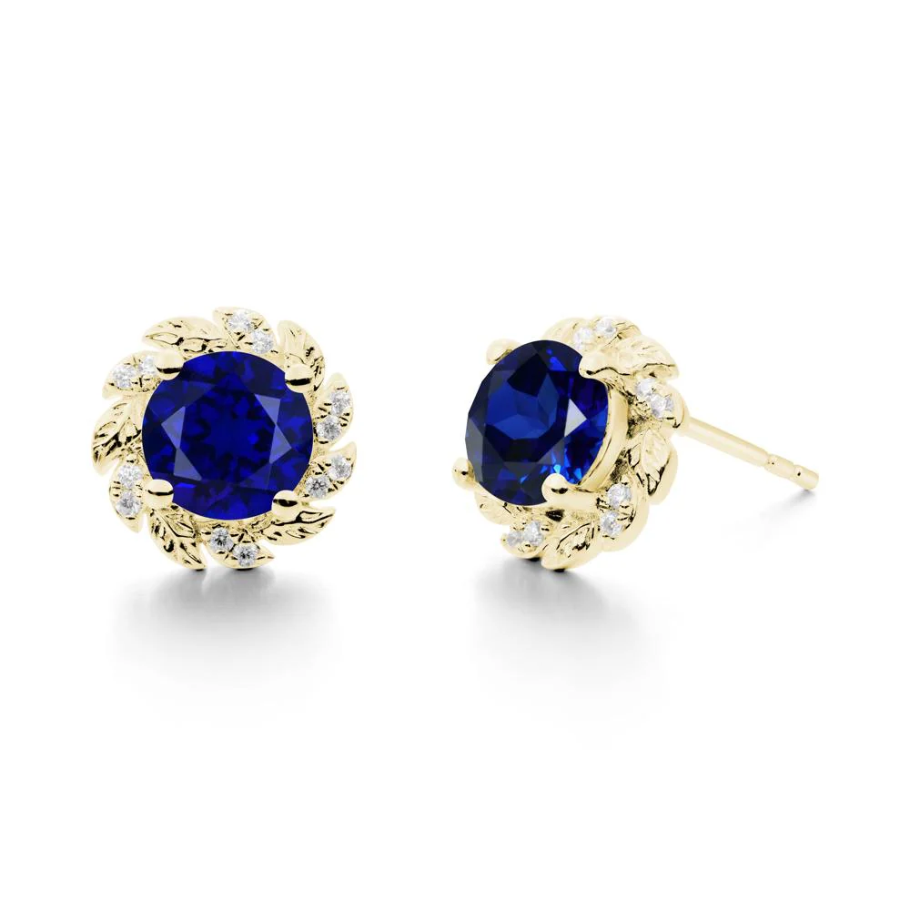 Round Sapphire Leaf Halo Stud Earrings - Image 5