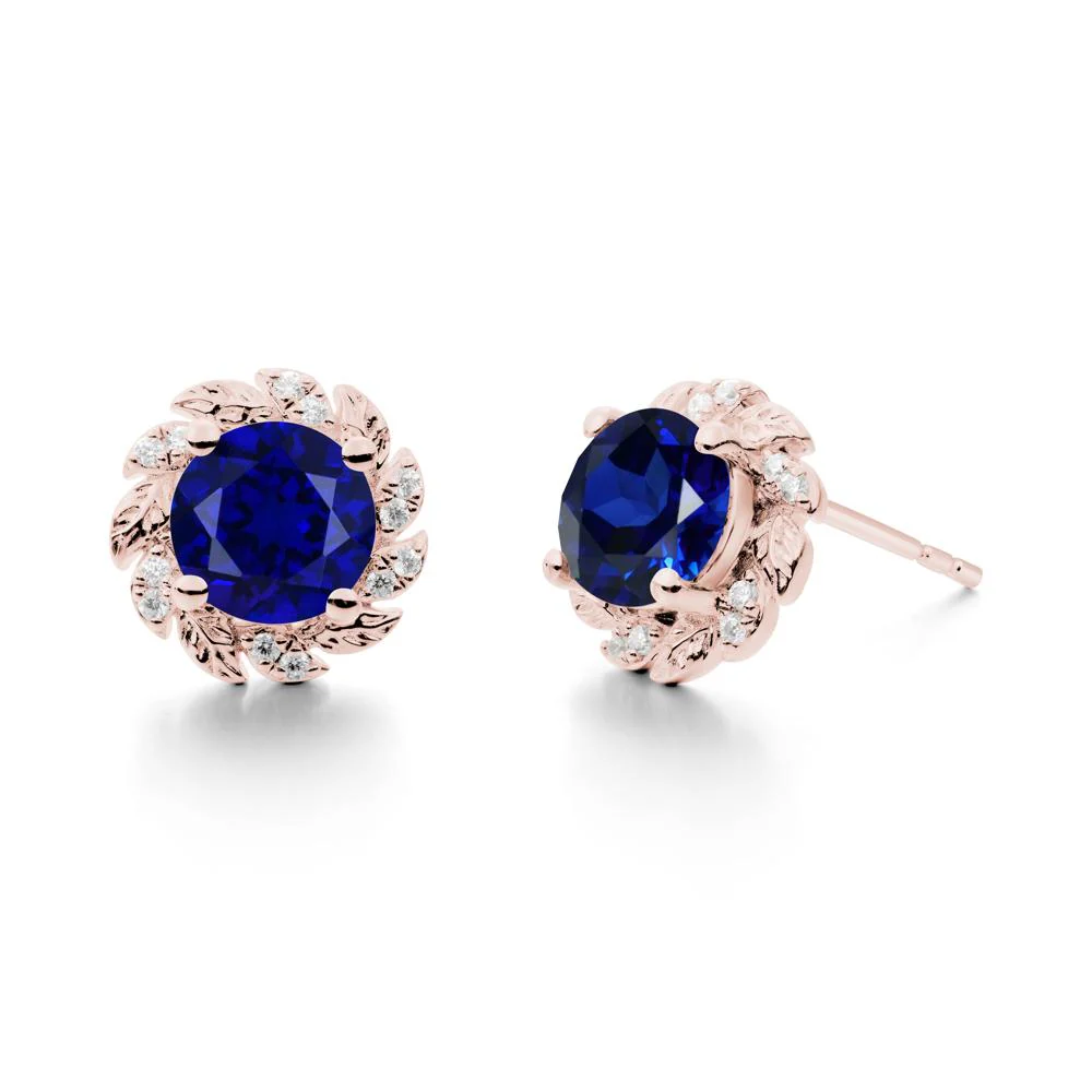 Round Sapphire Leaf Halo Stud Earrings - Image 7