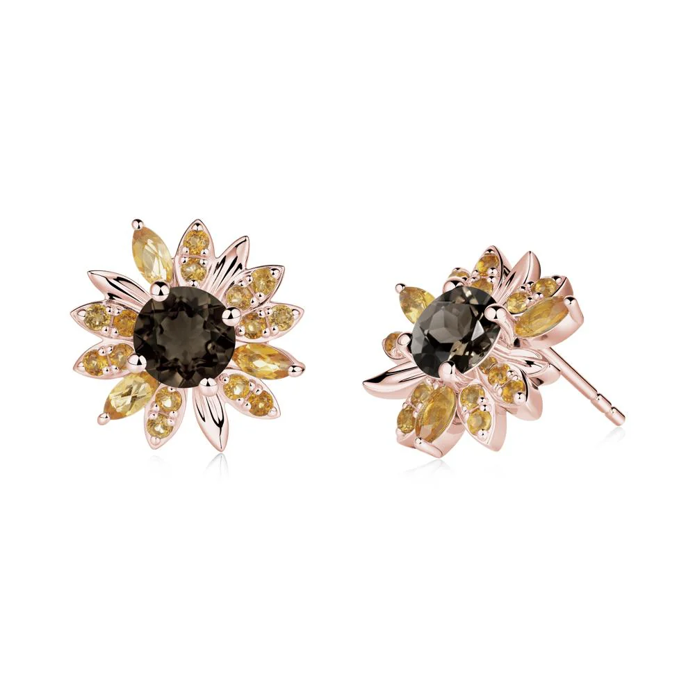 Round Smoky Quartz and Citrine Sunflower Stud Earrings - Image 3
