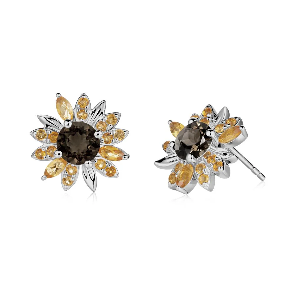Round Smoky Quartz and Citrine Sunflower Stud Earrings - Image 7