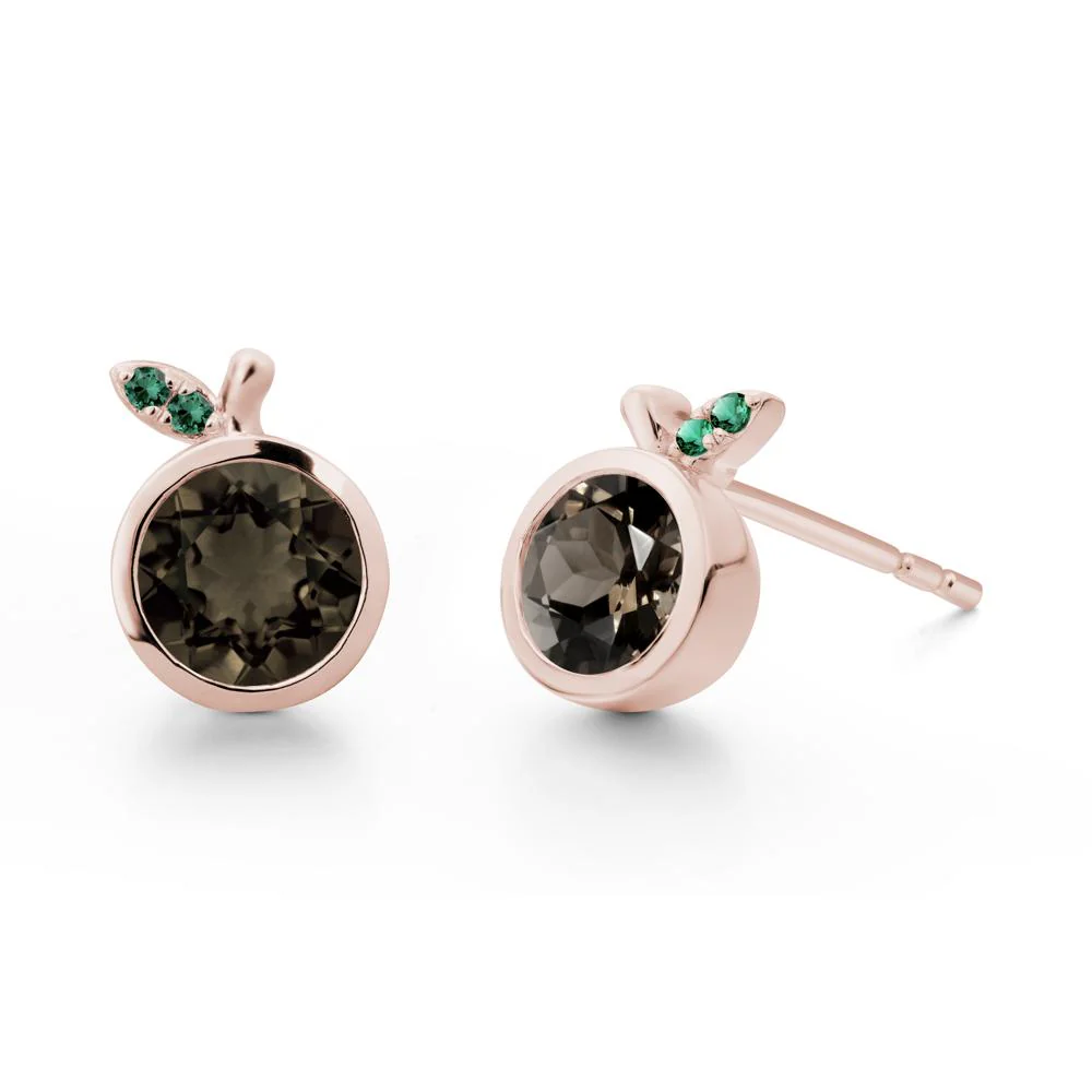 Round Smoky Quartz and Emerald Leaf Stud Earrings - Image 5