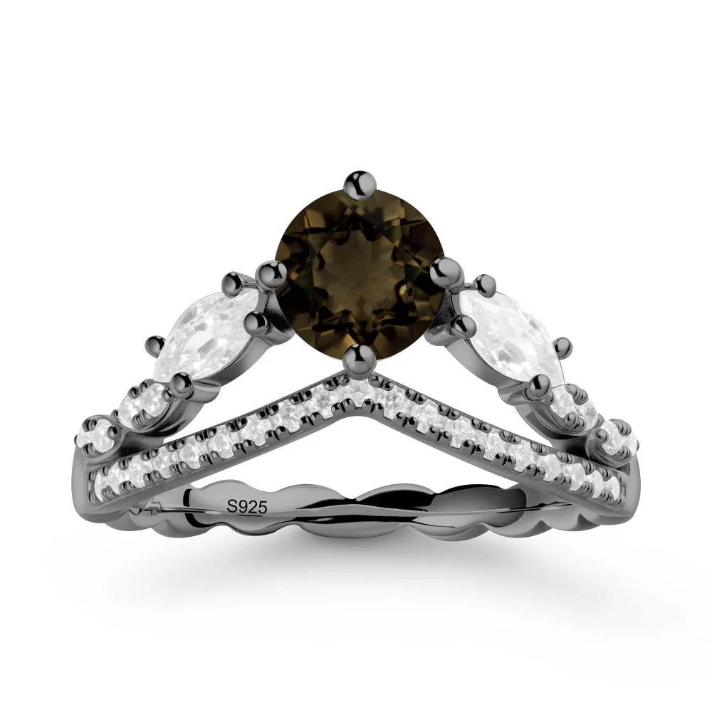 Round Smoky Quartz Crown Ring with Leaf