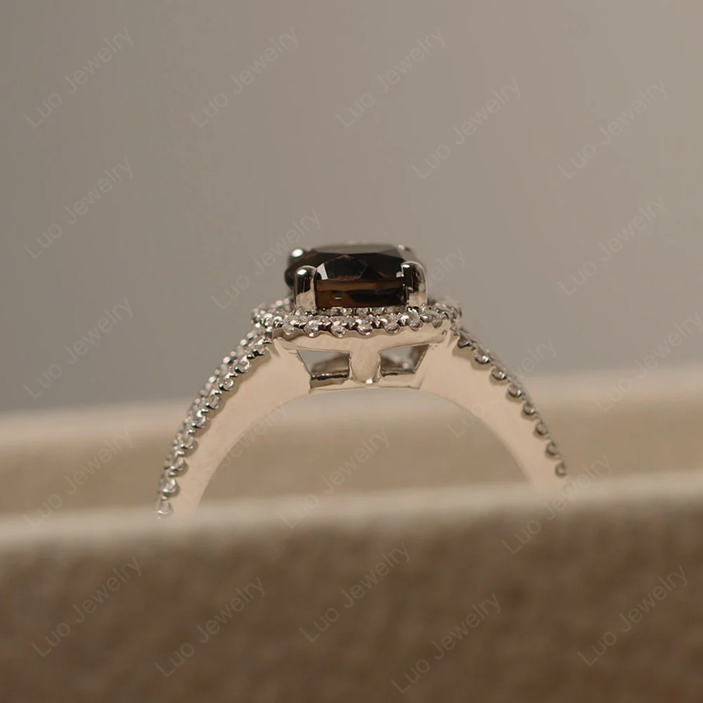Round Smoky Quartz Halo Split Shank Ring - Image 4