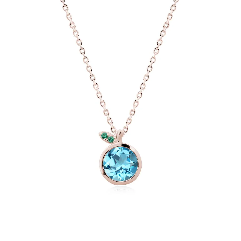 Round Swiss Blue Topaz and Emerald Leaf Pendant Necklace - Image 2