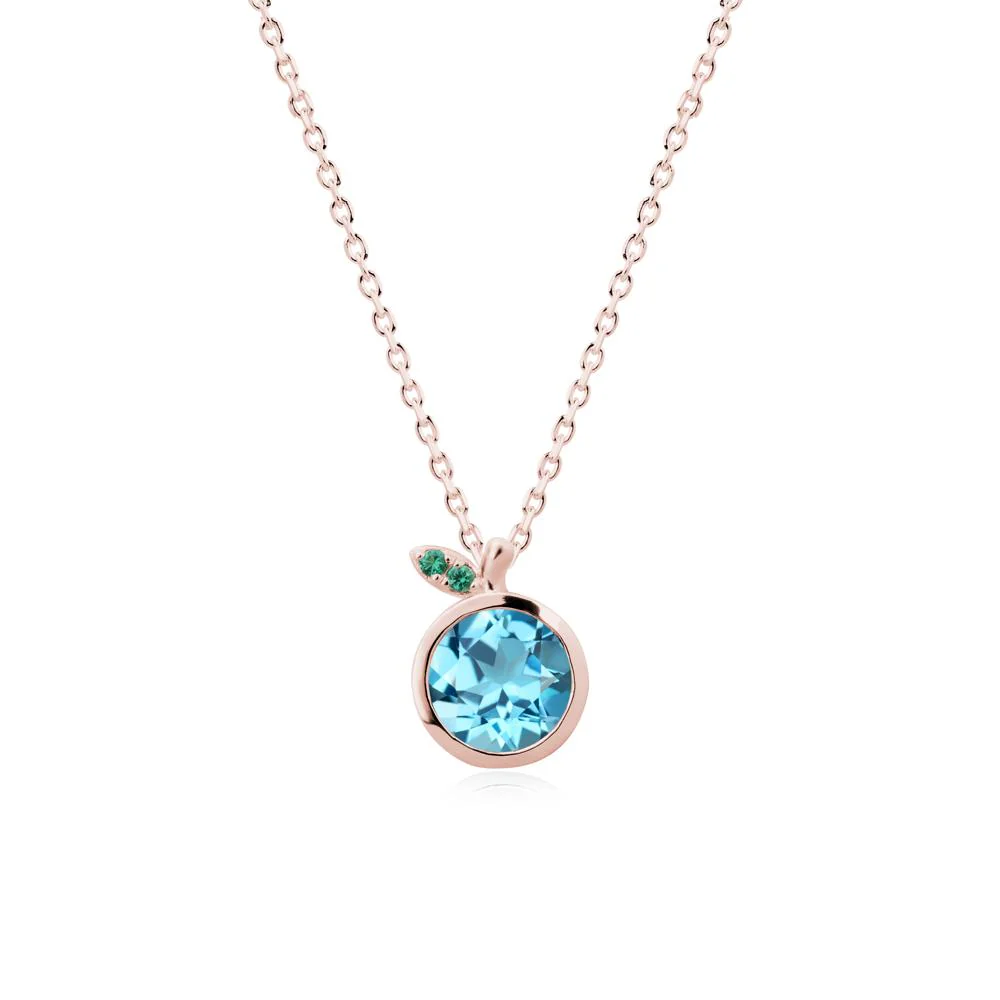 Round Swiss Blue Topaz and Emerald Leaf Pendant Necklace - Image 5