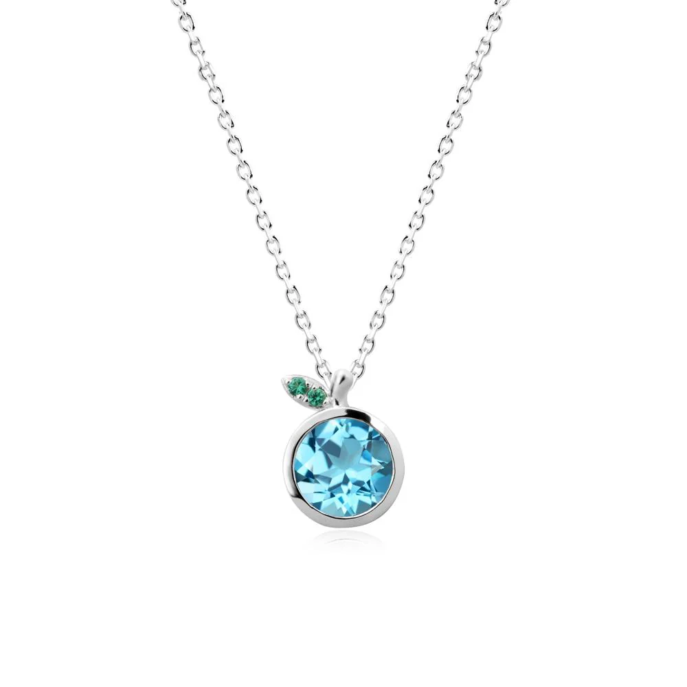 Round Swiss Blue Topaz and Emerald Leaf Pendant Necklace - Image 6