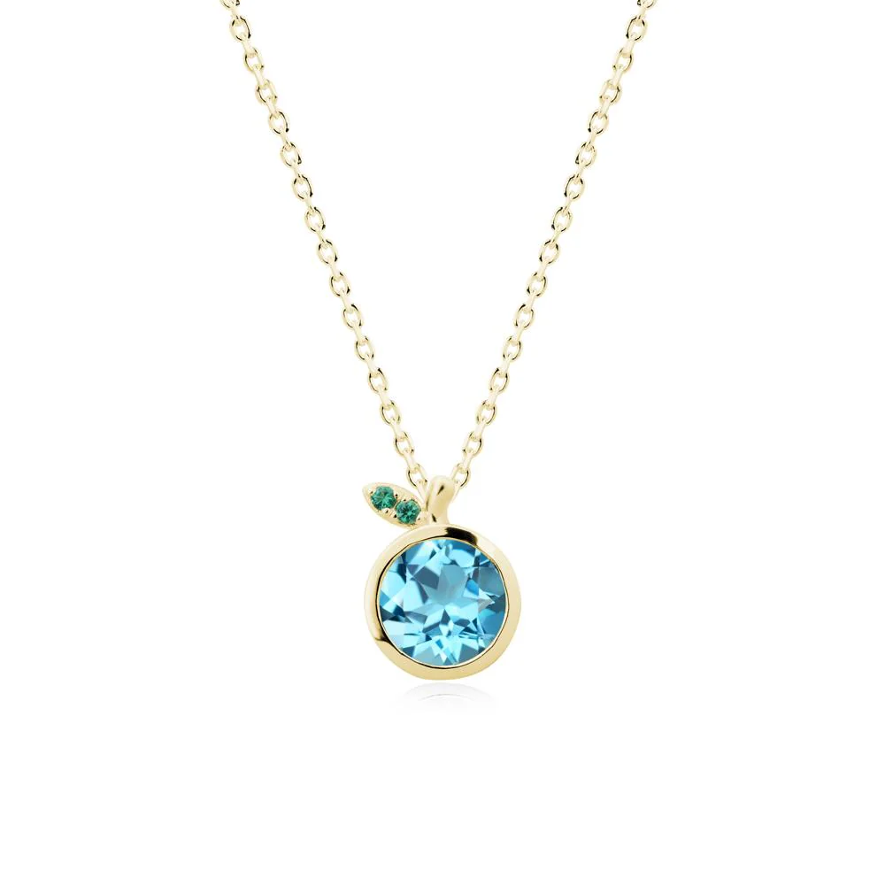 Round Swiss Blue Topaz and Emerald Leaf Pendant Necklace - Image 7