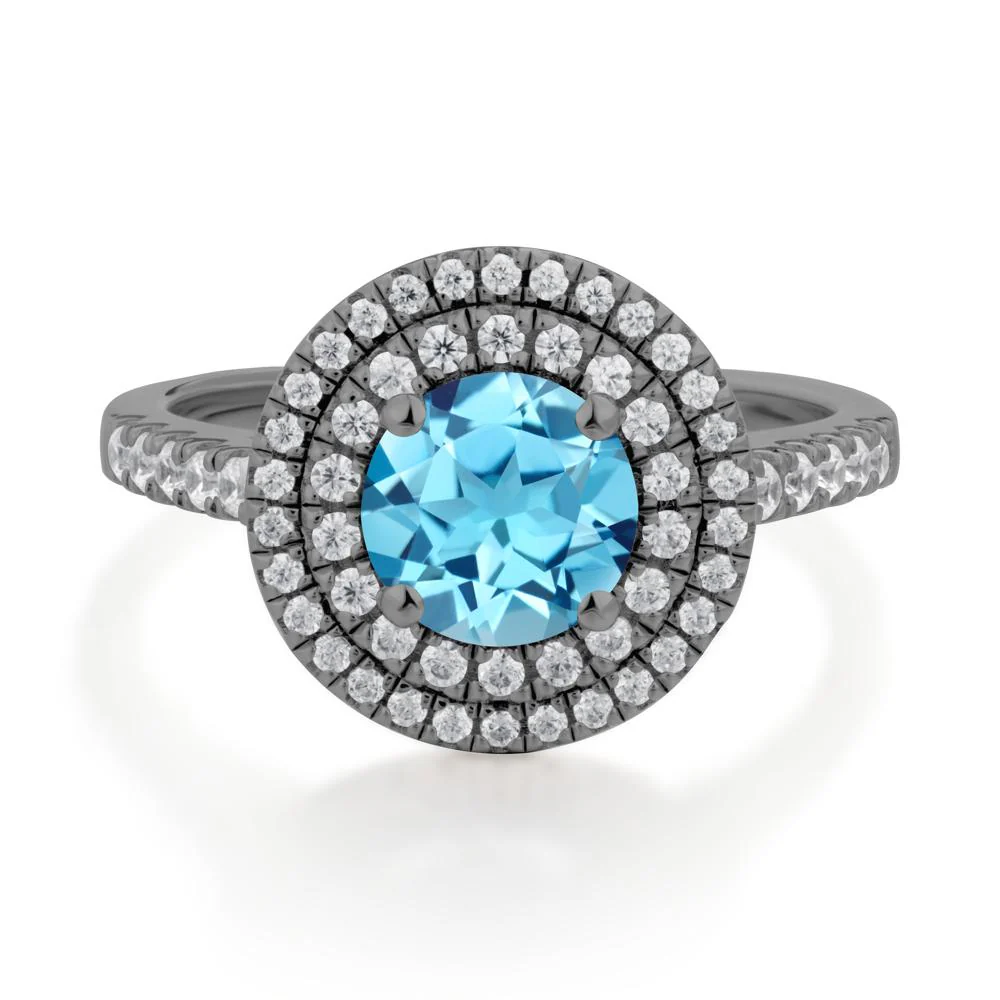 Round Swiss Blue Topaz Double Halo Engagement Ring - Image 3