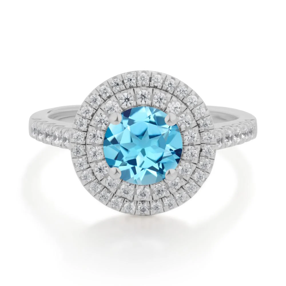 Round Swiss Blue Topaz Double Halo Engagement Ring - Image 4