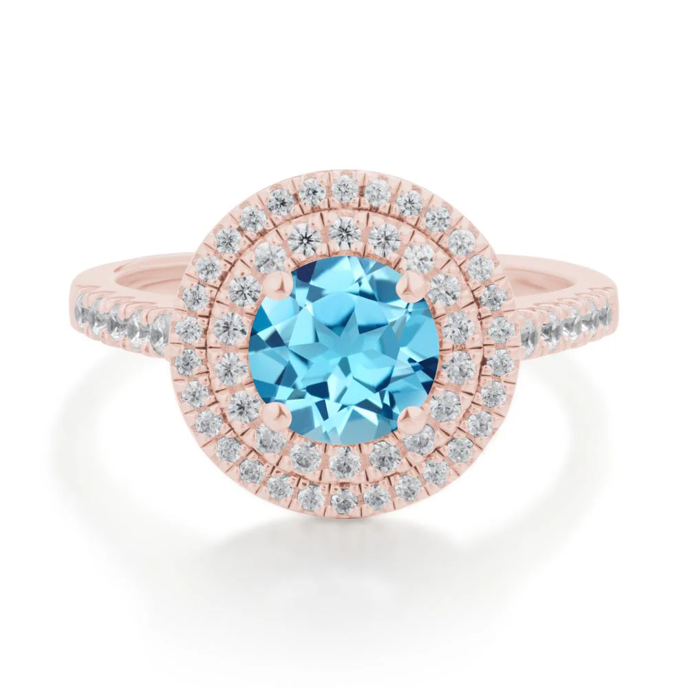 Round Swiss Blue Topaz Double Halo Engagement Ring - Image 5