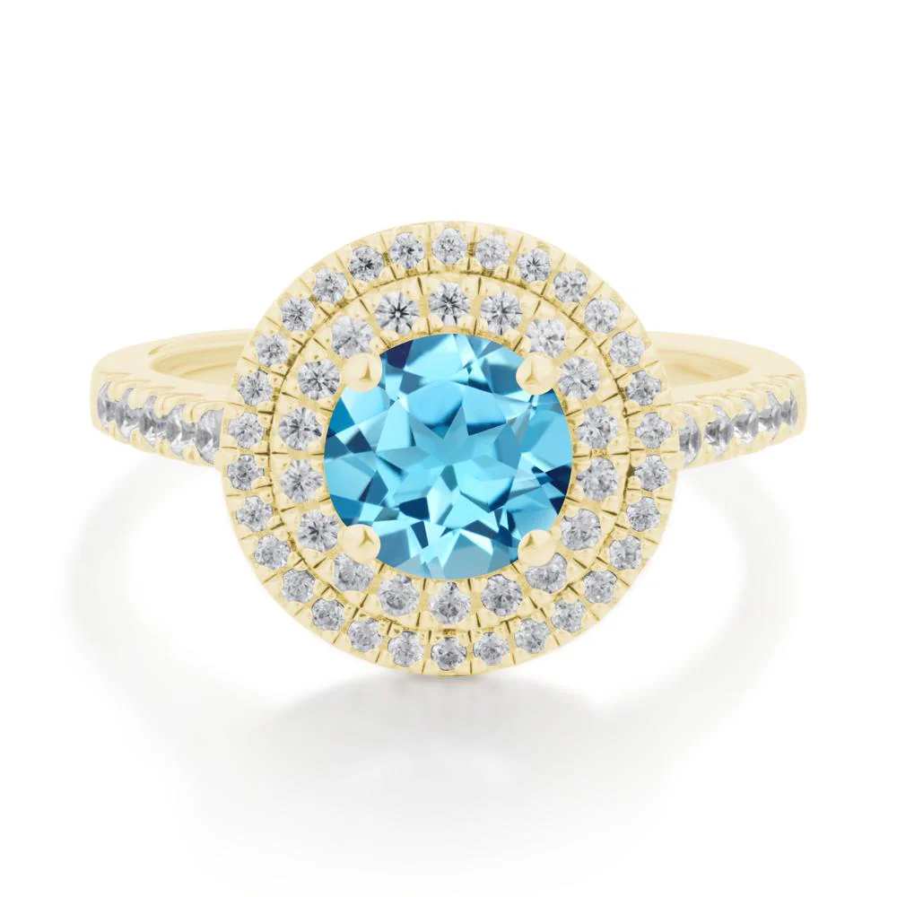 Round Swiss Blue Topaz Double Halo Engagement Ring - Image 6