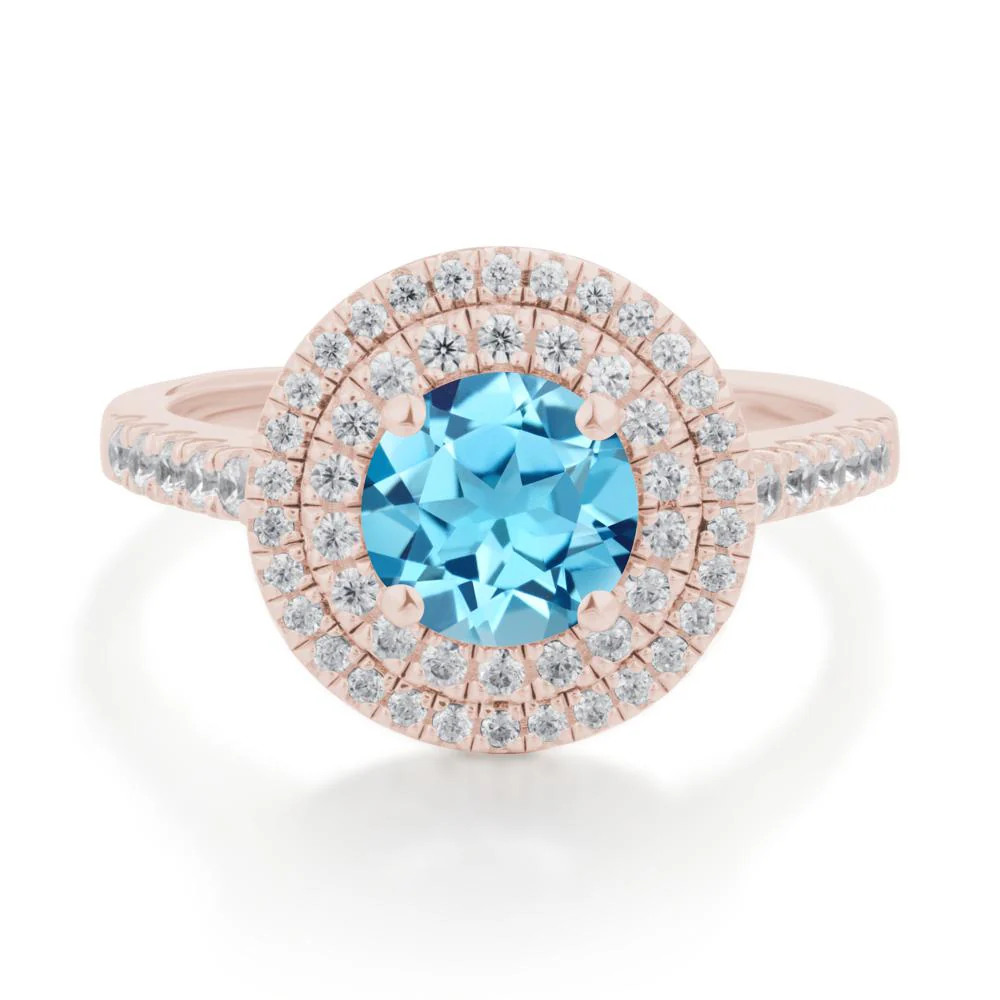 Round Swiss Blue Topaz Double Halo Engagement Ring - Image 7