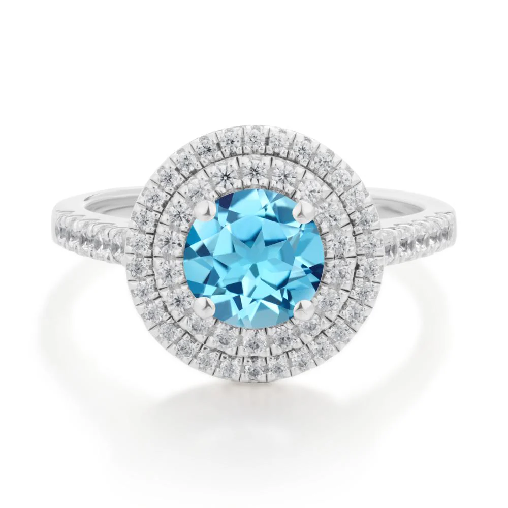 Round Swiss Blue Topaz Double Halo Engagement Ring - Image 8