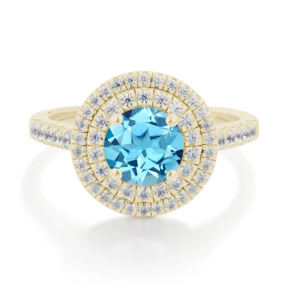 Round Swiss Blue Topaz Double Halo Engagement Ring - Image 9