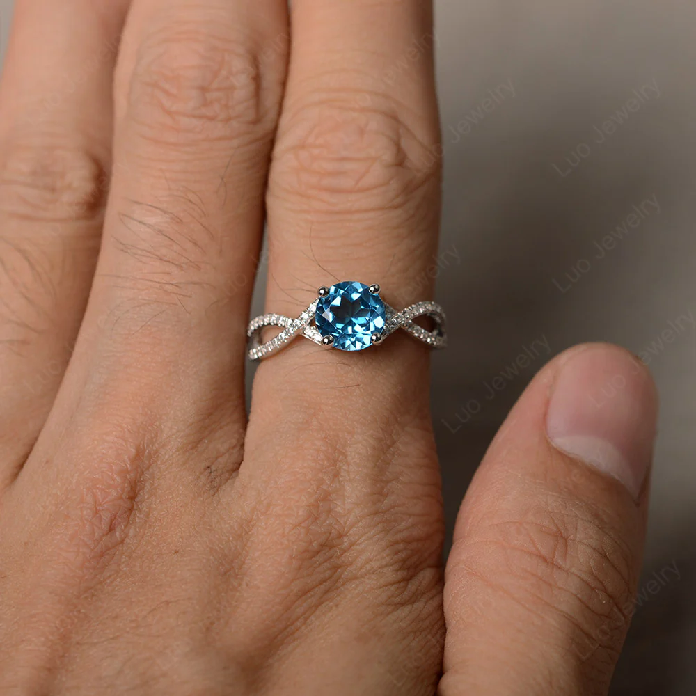 Round Swiss Blue Topaz Twisted Engagement Ring - Image 3