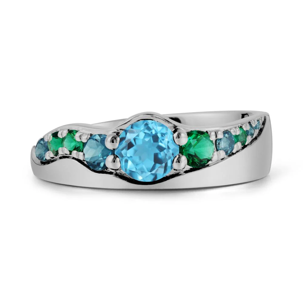 Round Swiss Blue Topaz Ring with Wave Band