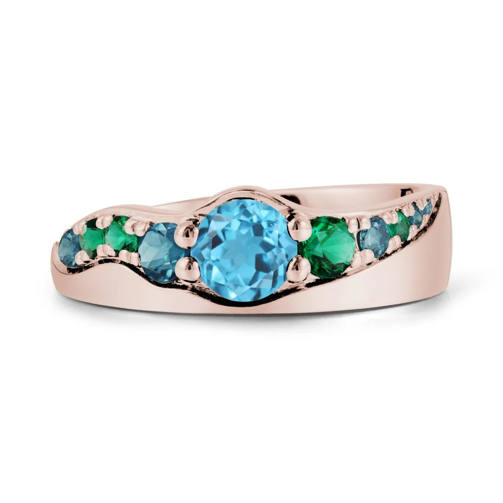Round Swiss Blue Topaz Ring with Wave Band - Image 2