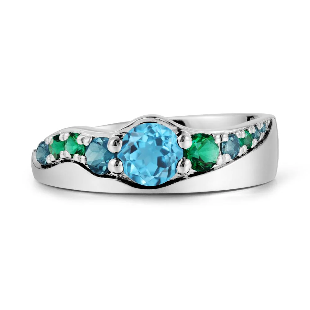 Round Swiss Blue Topaz Ring with Wave Band - Image 3