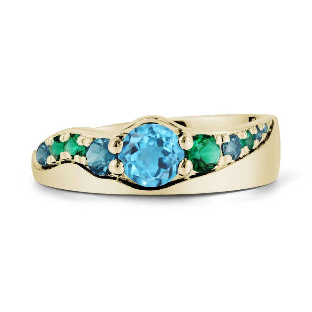 Round Swiss Blue Topaz Ring with Wave Band - Image 4
